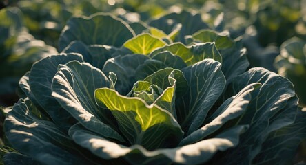 Obraz premium Detailed close up of fresh cabbage harvest under bright summer field light