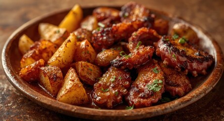 Plateful of grilled octopus and paprika roasted potatoes in Spanish style