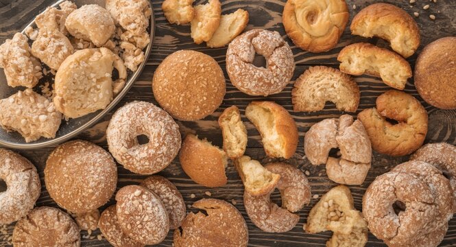 Assortment of traditional Italian donut cookies including amaretti and cuneo on rustic wooden table