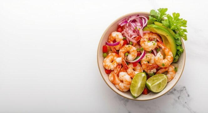 Colorful shrimp cocktail bowl with avocado lime and fresh red onions copyspace space