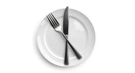 Crossed cutlery fork and knife on a white plate isolated with empty background