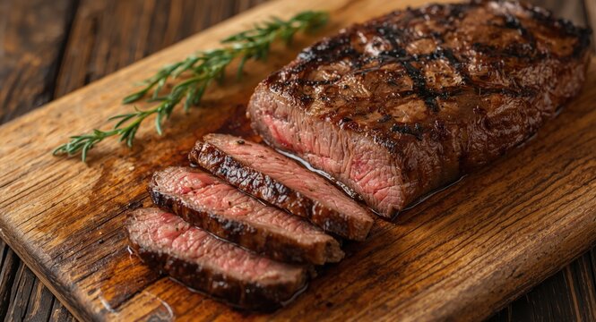 Close up image of flavorful sliced T bone steak laid over rustic wooden table