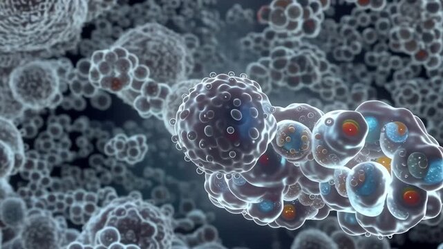 A macro view reveals translucent cellular clusters with glowing nuclei, budding structures, and fluid membranes, suggesting microscopic life or viral replication within a biological environment.