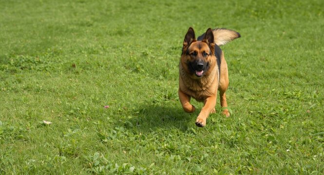 Delighted pet German shepherd bounding across a richly green grass lawn in a full length summer day setting
