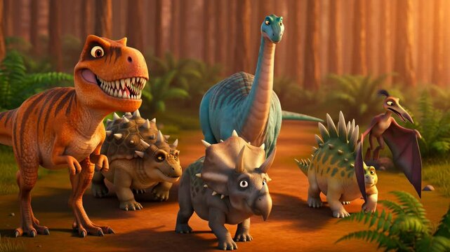 Cartoon dinosaurs in a lush prehistoric forest setting featuring a t rex brachiosaurus triceratops and stegosaurus