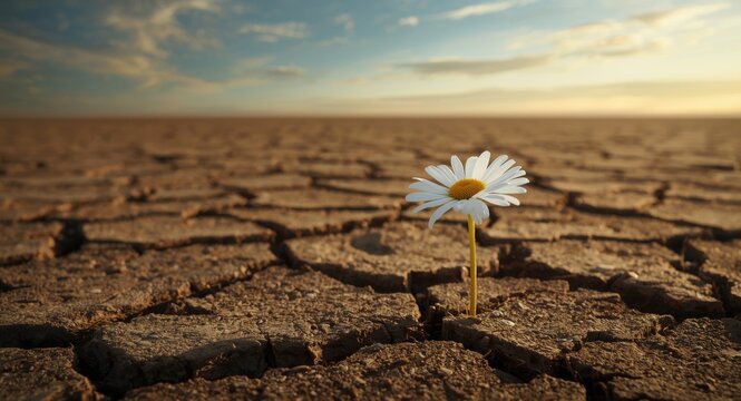 Single daisy emerging from arid cracked ground illustrating strength