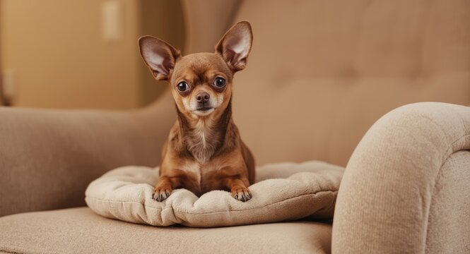 Delightful small pet Chihuahua perched on comfy chair inside