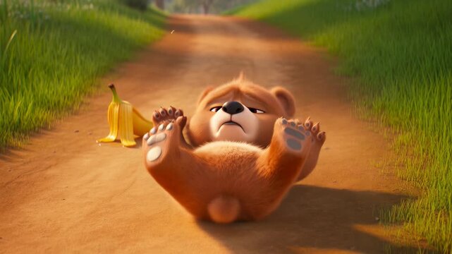Cartoon bear lying on dirt path with banana peel,exhausted funny character animation depicting laziness relaxation and nature