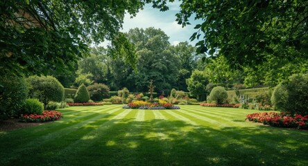 Obraz premium Classic English garden full of freshly mowed grass, multiple flower beds, and broad leafy trees