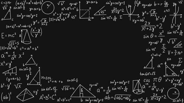 Mathematics chalkboard background with central blank empty copy space for text. For school announcements, online course banners, tutoring advertisements, and science-themed social media posts.