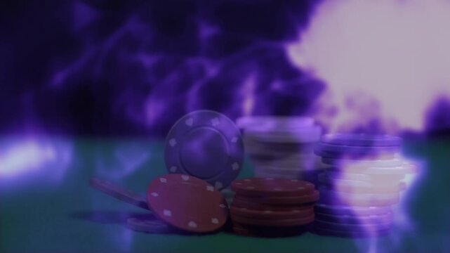 Animation of purple glowing clouds of smoke over casino chips