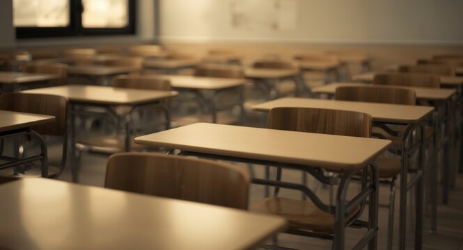Blurred sepia image showing school chairs and tables without occupants