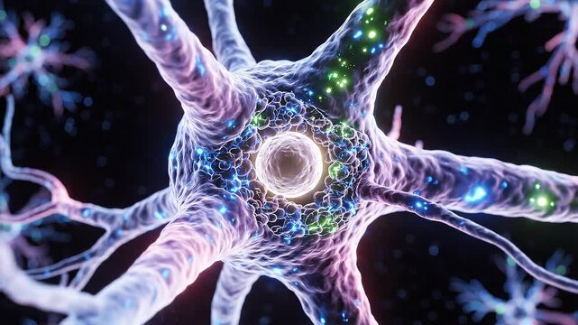 Neuron cells in a human brain, interconnected and active, in a dark background, used for medical or educational purposes