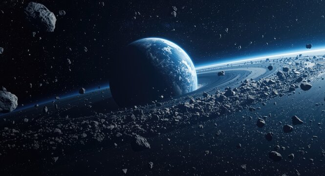 Asteroid belt and planetary rubble encompassing blue protoplanet Pandora in space