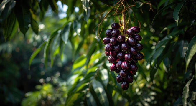 Organically grown Syzygium cumini fruits on dense tree branches