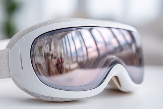 Close-up shot of stylish ski goggles with reflective lens, revealing a blurred cityscape, creating a futuristic and dynamic impression with a clean white design.