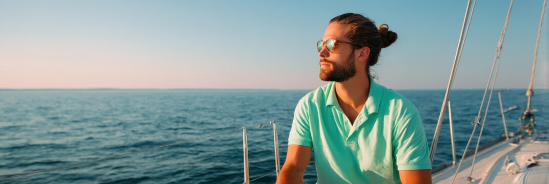 Young caucasian male adult sailor on sailboat at sea wearing mint polo and sunglasses enjoying a peaceful sunset voyage