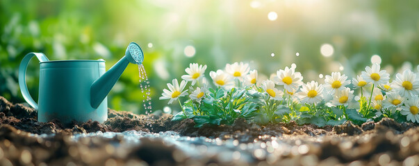 Teal watering can pouring water on white daisies in sunny garden