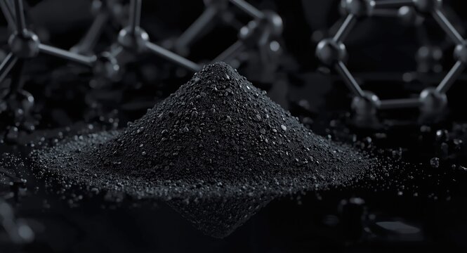 Concept image of black boron nitride powder as super lubricant and thermal conductor with molecular structural background