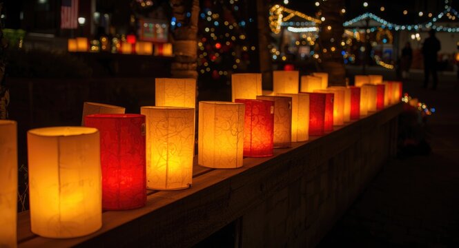 Brightly lit Christmas Eve luminarias in festive cultural setting