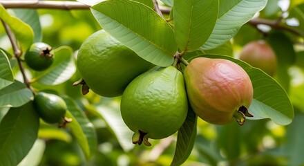 Close up of fresh green guava fruits hanging on a tree branch