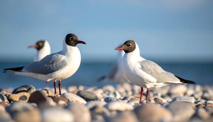 Obraz premium Black-headed gulls stand on a pebble beach with a blurred sea background, under soft, daytime light