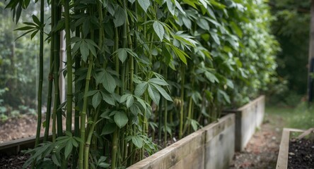 Obraz premium Bamboo supported organic runner beans growing in a raised vegetable patch