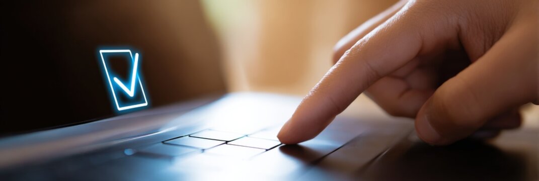 Adult person gender unknown race unknown age adult finger pressing laptop touchpad with neon checkmark icon indicating confirmation approval and successful selection