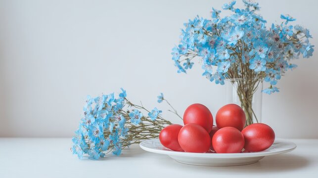 Minimal Easter still life with red eggs on white plate and blue spring flowers in glass vase, soft pastel tones, natural light, clean composition, festive spring decoration concept