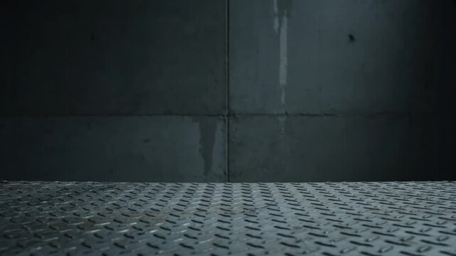 Metal floor with concrete wall.