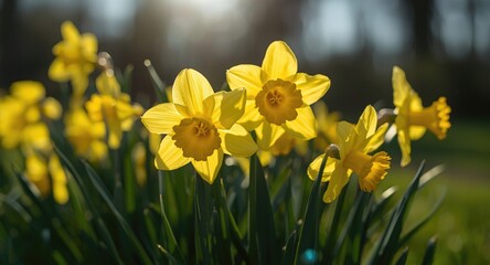 Obraz premium Cheerful yellow daffodils glowing on a pleasant spring day with sunlight