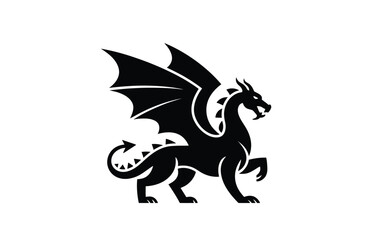 Fototapeta premium Mythical dragon silhouette with wings spread mythological creature in black on white background