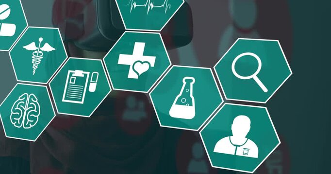 Animation of scientific icons in hexagons over middle eastern woman in vr headset