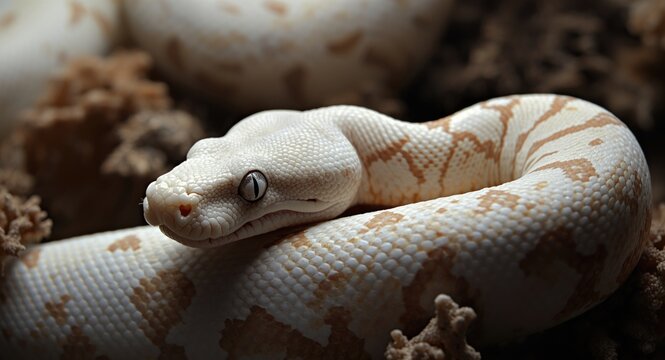 Elegant albino ball python displaying artistic coral scale motifs