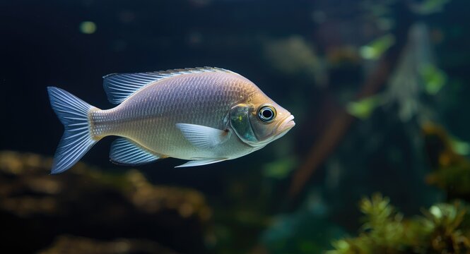 Aquarium illuminated silver hatchetfish swimming gracefully near top water surface