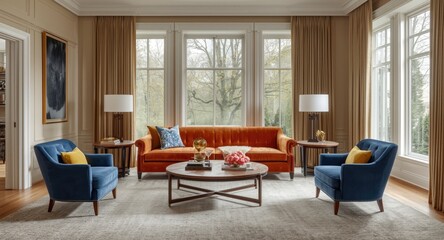 Fototapeta premium Elegant living room front view with vintage orange sofa and cozy blue and yellow chairs