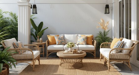 Obraz premium Peaceful outdoor nook furnished with classic rattan pieces and inviting cushions