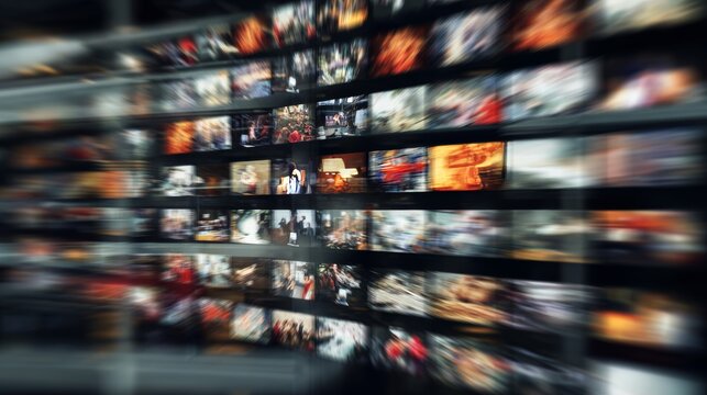 Video wall with multiple small screens showing digital content, representing modern technology, multimedia, digital communication, futuristic interface, and high-tech concepts