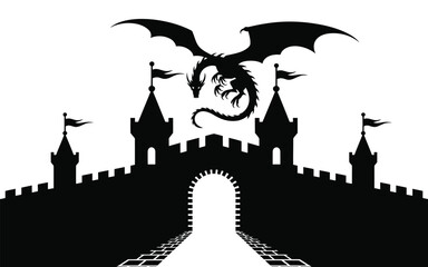 Mysterious castle silhouette with dragon flying above turrets and flags on white background fantasy scene illustration © Shela