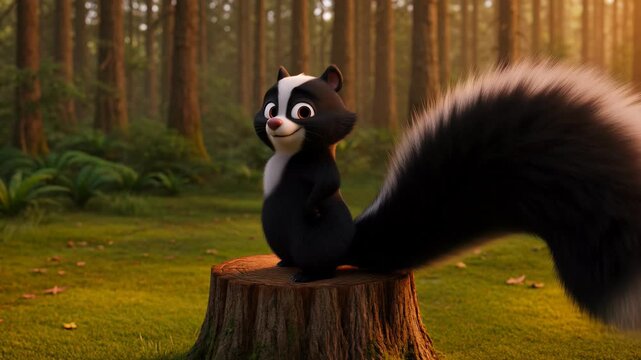 Animated skunk character standing on tree stump in forest glade sunny day cute cartoon animal