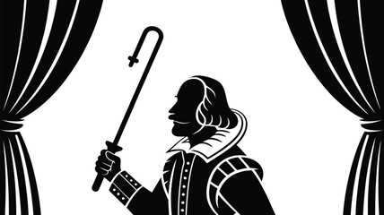 Silhouette of historical figure holding shepherd's staff between curtains dramatic lighting classic attire high contrast detailed illustration