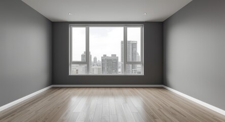 Fototapeta premium A minimalistic room with smooth gray walls, oak wooden flooring, and large windows showing an urban panorama