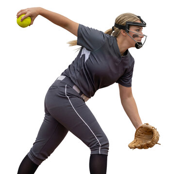 Female softball pitcher wearing a face mask doing a windmill pitch, isolated