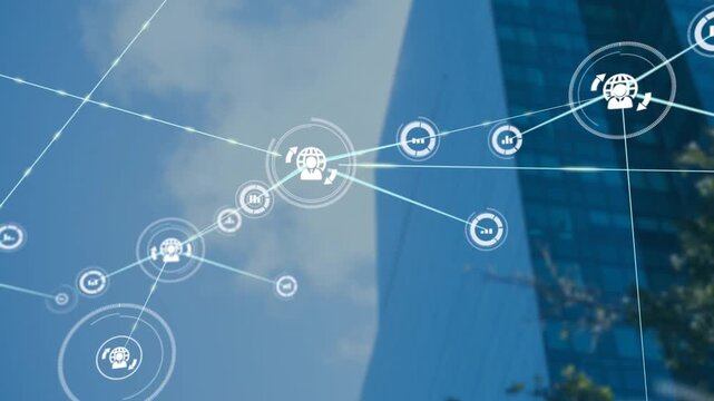 Animation of network of connections with icons over cityscape