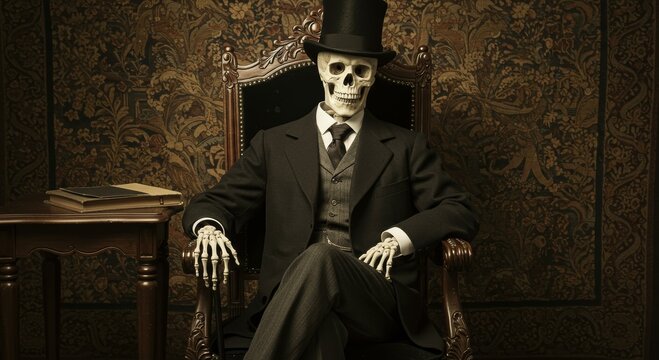 Elegance in Death: A skeletal figure, dapper in formal attire, exudes an unsettling yet sophisticated aura while seated in an antique armchair.
