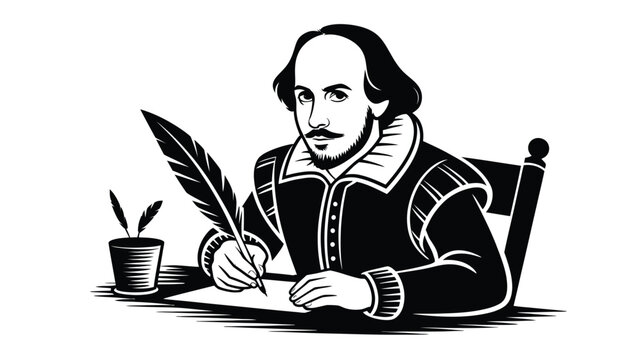 Historical figure writing with quill pen on paper at desk with inkwell vintage clothing detailed illustration black and white classic literature inspiration