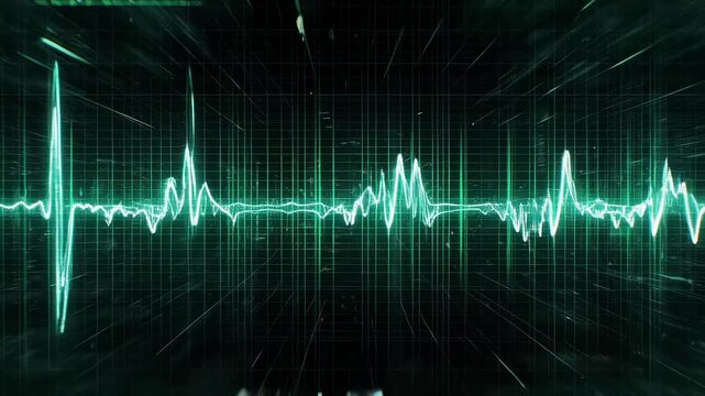 A glowing green electrocardiogram line pulses across a dark grid, with sharp spikes and gentle dips suggesting a live heart rhythm on a digital monitor, conveying urgency and precise tracking.