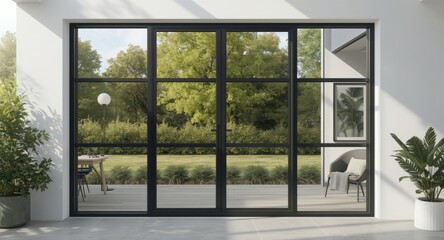 Naklejka premium Contemporary aluminum window design with double glazing featuring bright outdoor scene and ample copy space for marketing text