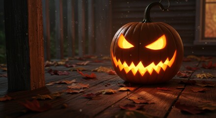 Obraz premium Spooky Jack-o'-Lantern: An eerie pumpkin with a carved face glows with an orange light on a porch, evoking the spirit of Halloween in a mysterious and chilling scene.