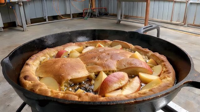 A Freshly Prepared Traditional Apple Dessert Presented in a Baking Tray Positioned Upon a Rough Textured Gray Industrial Concrete Surface